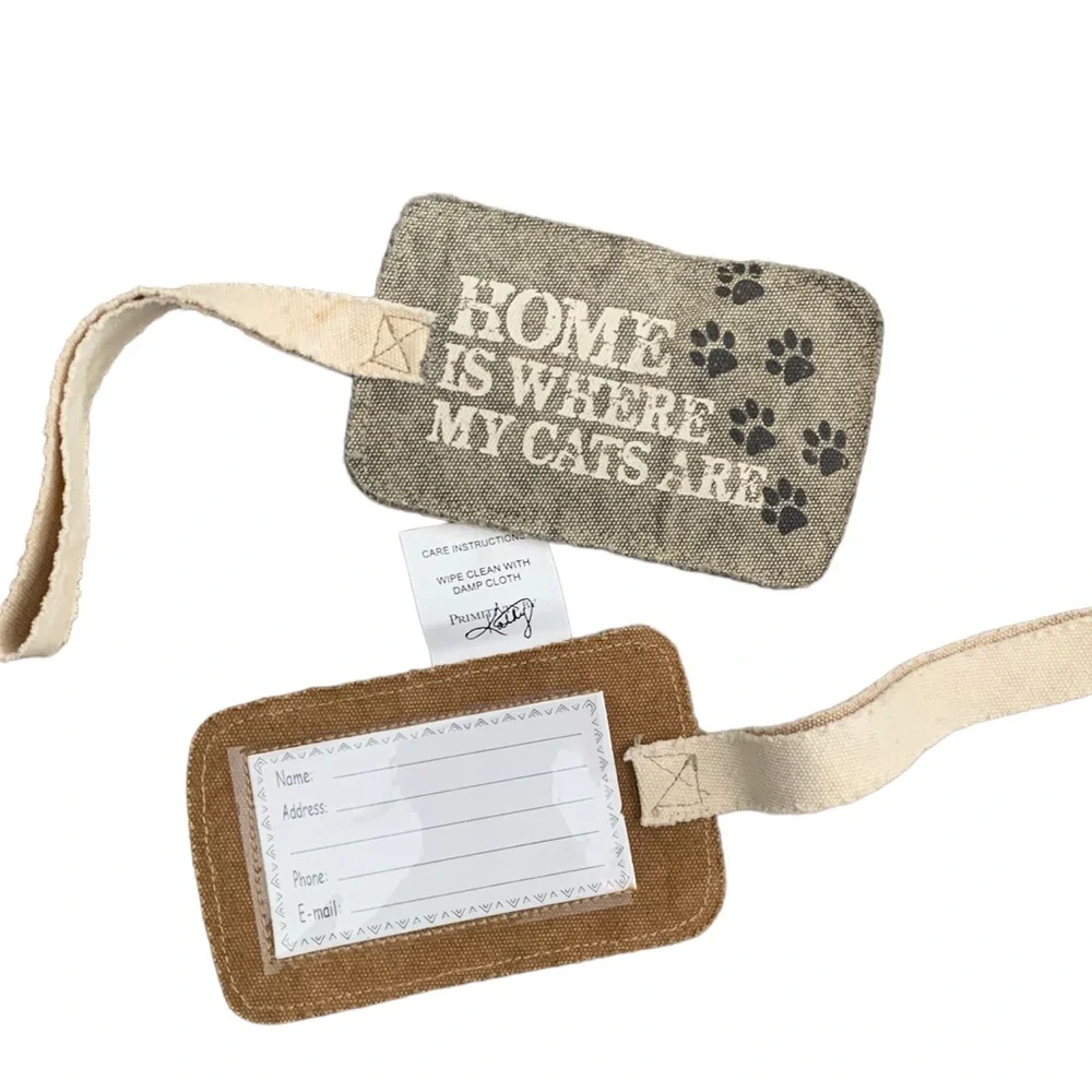 Two NWT Luggage Tags ‘Home is Where My Cat Is’ Canvas Primitives By Kathy